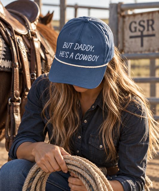 Woman wearing a blue But Daddy He’s a Cowboy rope cap while holding a lariat at the ranch