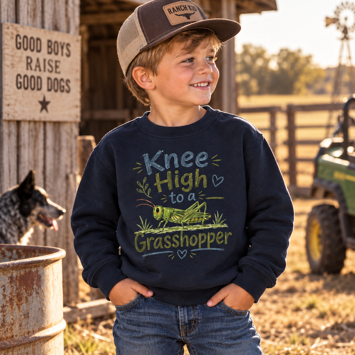 Boy wearing a navy Knee High to a Grasshopper sweatshirt and Ranch Kid cap at the ranch