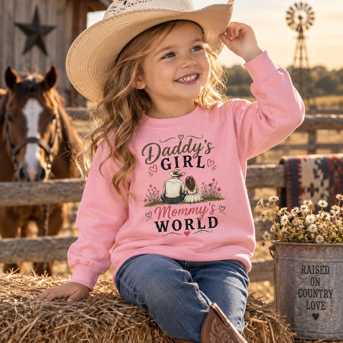 Girl wearing a pink Daddy’s Girl Mommy’s World sweatshirt and cowboy hat at the ranch