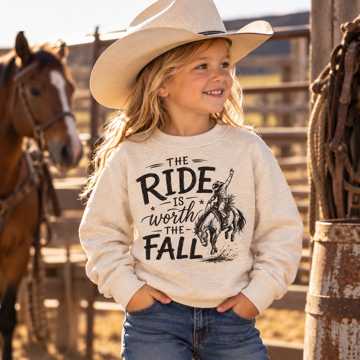 Girl wearing The Ride Is Worth the Fall western sweatshirt and cowboy hat beside a horse at the ranch