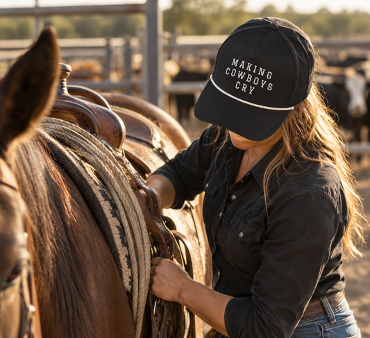 Woman wearing a black Making Cowboys Cry rope cap while saddling a horse at the ranch